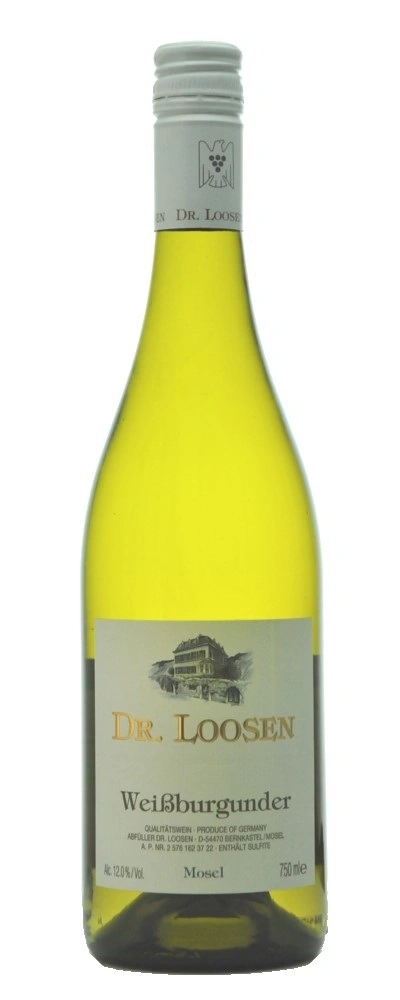 Weißwein-Flasche von Dr. Loosen, Weißburgunder, 12% Vol., Mosel, 750 ml, Deutschland.