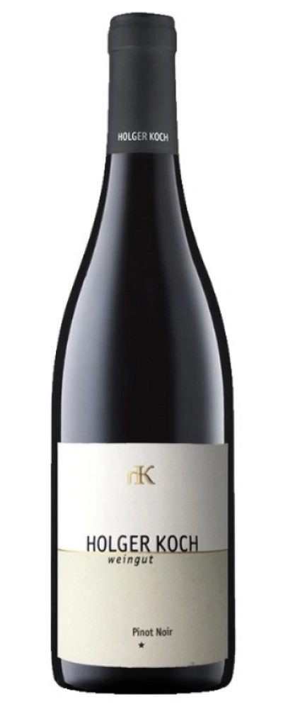 Holger Koch Wein Pinot Noir Flasche, dunkles Rot, Etikett mit Schriftzug