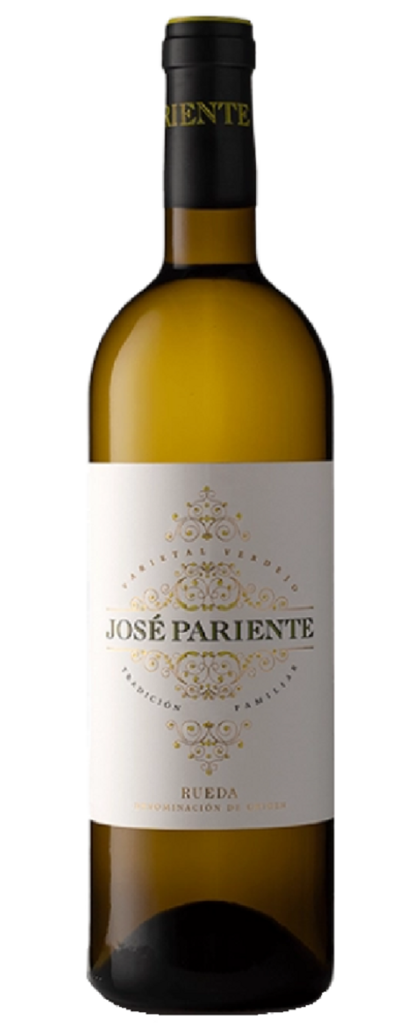 Flasche Weißwein von José Pariente mit Etikett in Gold und Weiß.