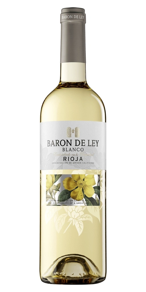 Weiederalflasche Baron de Ley Rioja Blanco mit gelber Blume auf dem Etikett.