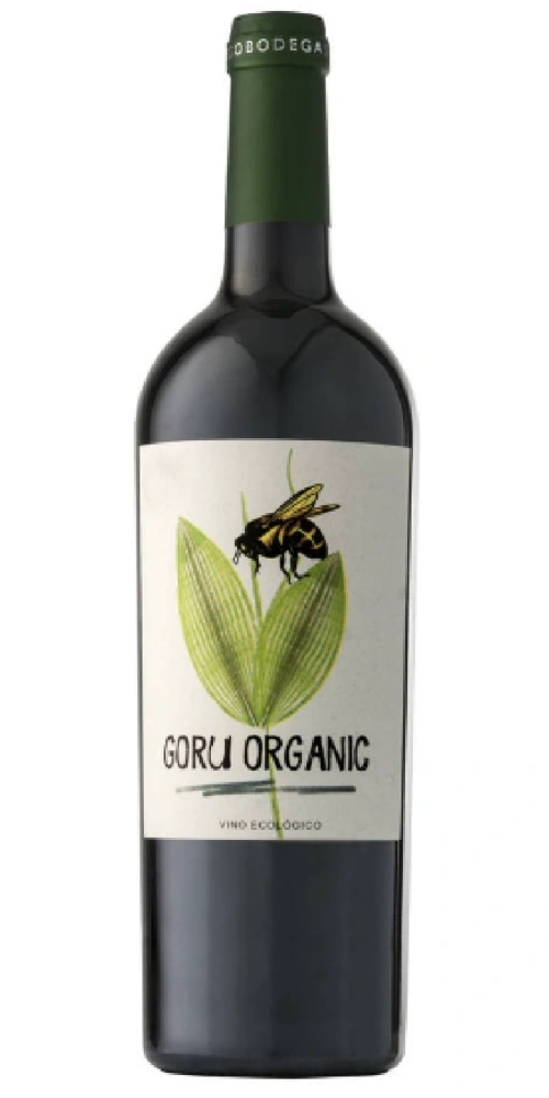 Flasche Wein mit Bienenmotiv und Schriftzug GORU ORGANIC