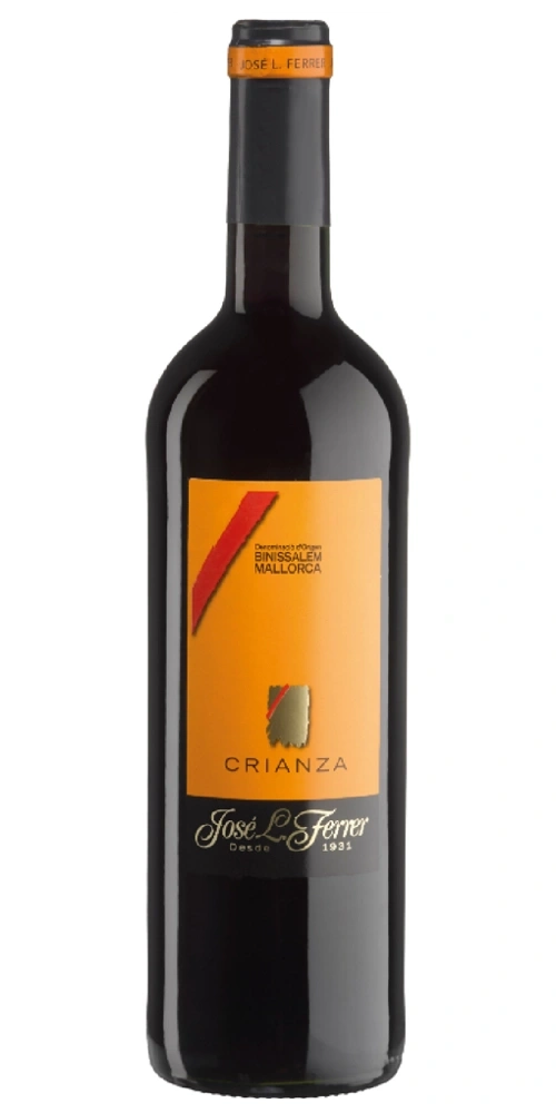 Weinflasche mit orangefarbenem Etikett und dem Text CRIANZA