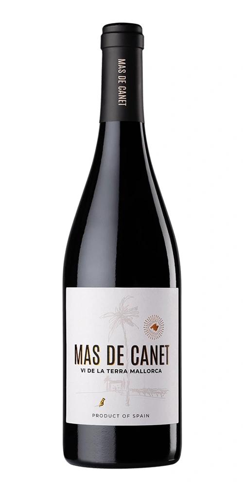 Rotweinflasche mit Etikett 'MAS DE CANET VI DE LA TERRA MALLORCA' und 'PRODUCT OF SPAIN'.