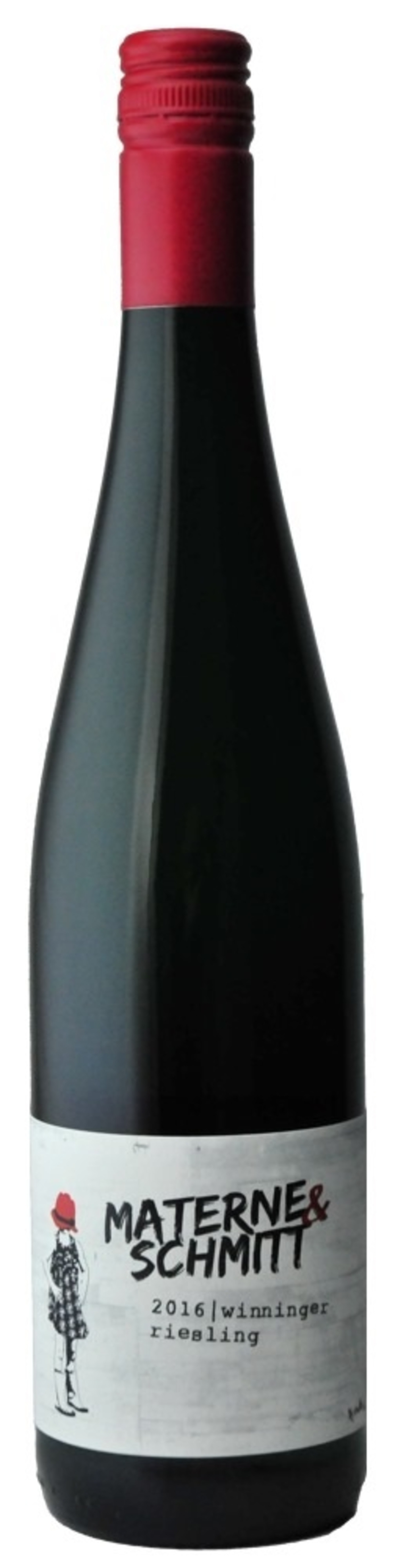 Weinflasche mit rotem Verschluss und Etikett mit Text und Illustration.