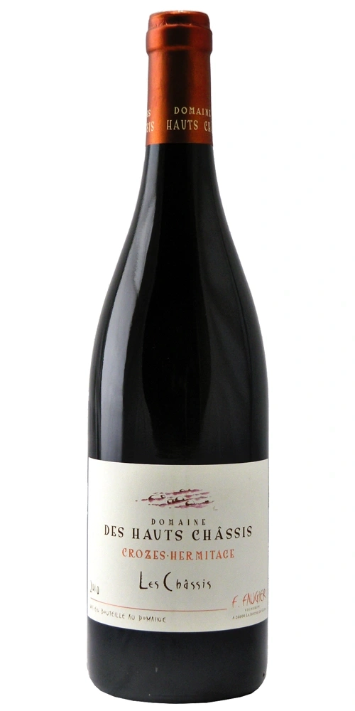 Eine Flasche roten Wein mit dem Etikett Domaine des Hauts Châssis Crozes-Hermitage