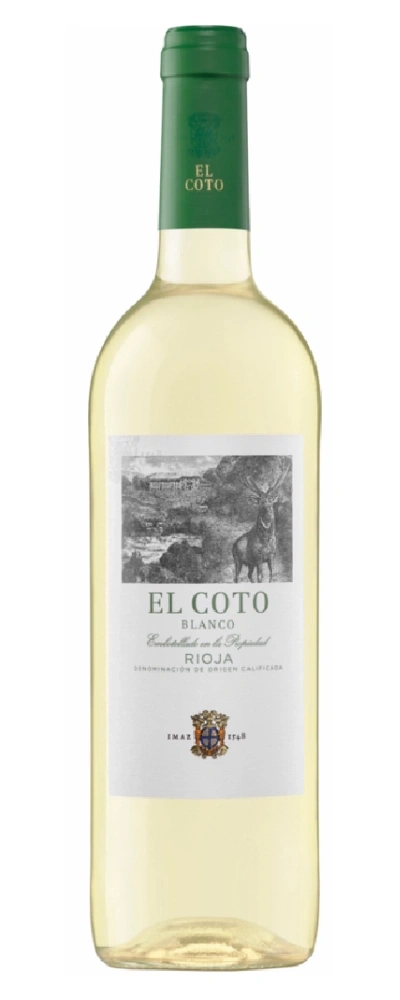 Weinflasche El Coto Blanco Rioja, weißer Wein, Etikett mit Hirsch, grünem Verschluss, Imaz 1748