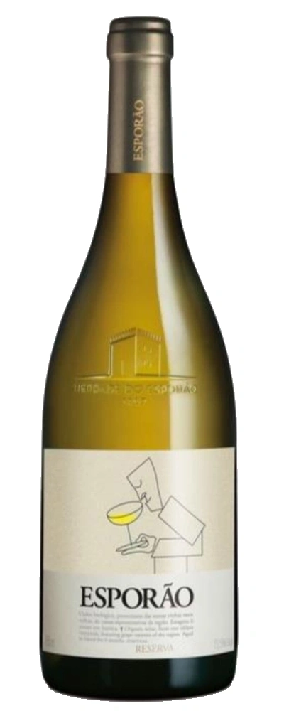 Eine Flasche Esporão Weißwein mit einem Etikett, das eine stilisierte Figur zeigt, die ein Glas Wein trinkt.