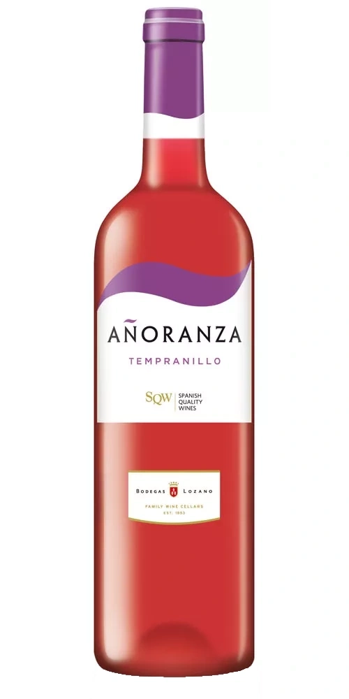 Weinflasche mit lila und weißem Etikett und rotem Wein