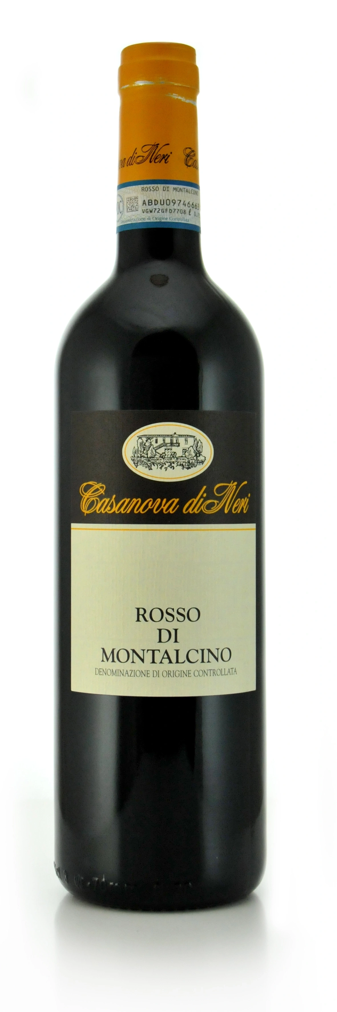 Wein-Etikett von Casanova di Neri Rosso di Montalcino. Italienischer Rotwein, Flasche, Detailaufnahme.
