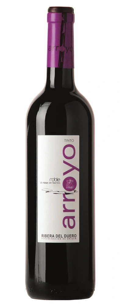 Wein-Flasche mit lila Etikett und Aufschrift 'arroyo' und 'Ribera del Duero'
