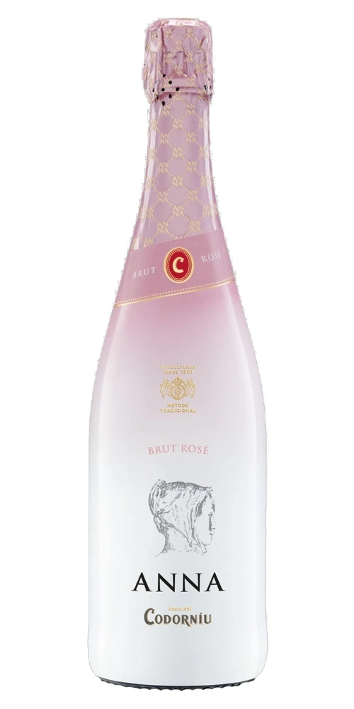 Eine Flasche Brut Rosé von Anna Codorníu mit rosa und weißem Etikett.
