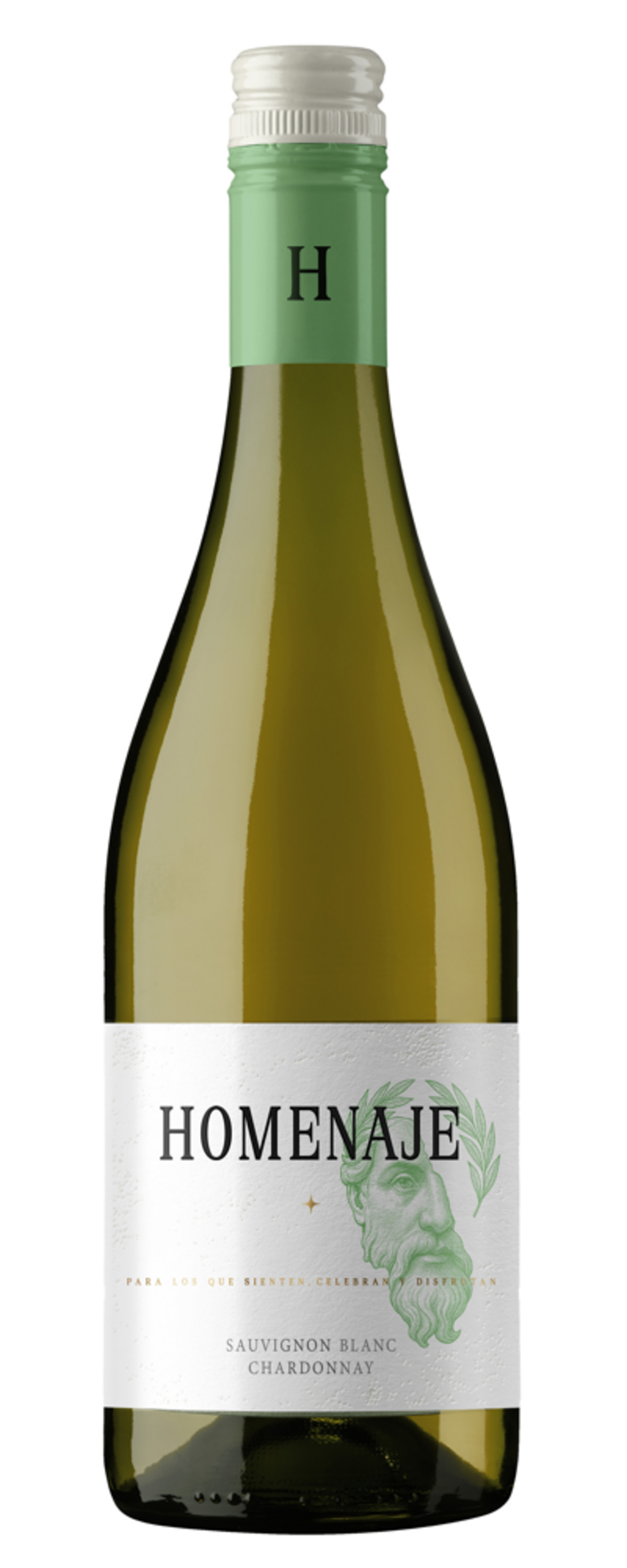 Eine Flasche Weißwein mit dem Etikett HOMENAJE und der Aufschrift Sauvignon Blanc Chardonnay.