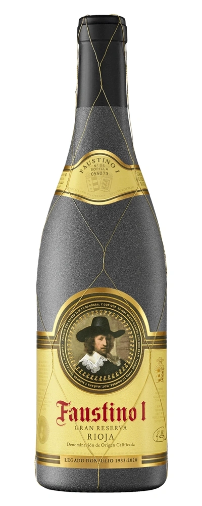 Wein-Flasche Faustino I Gran Reserva Rioja, goldene Details, schwarzer Hintergrund, Etikett mit Mann