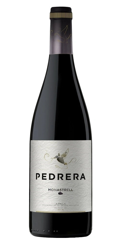 Eine Flasche Rotwein mit dem Etikett Pedrera Monastrell aus Spanien.