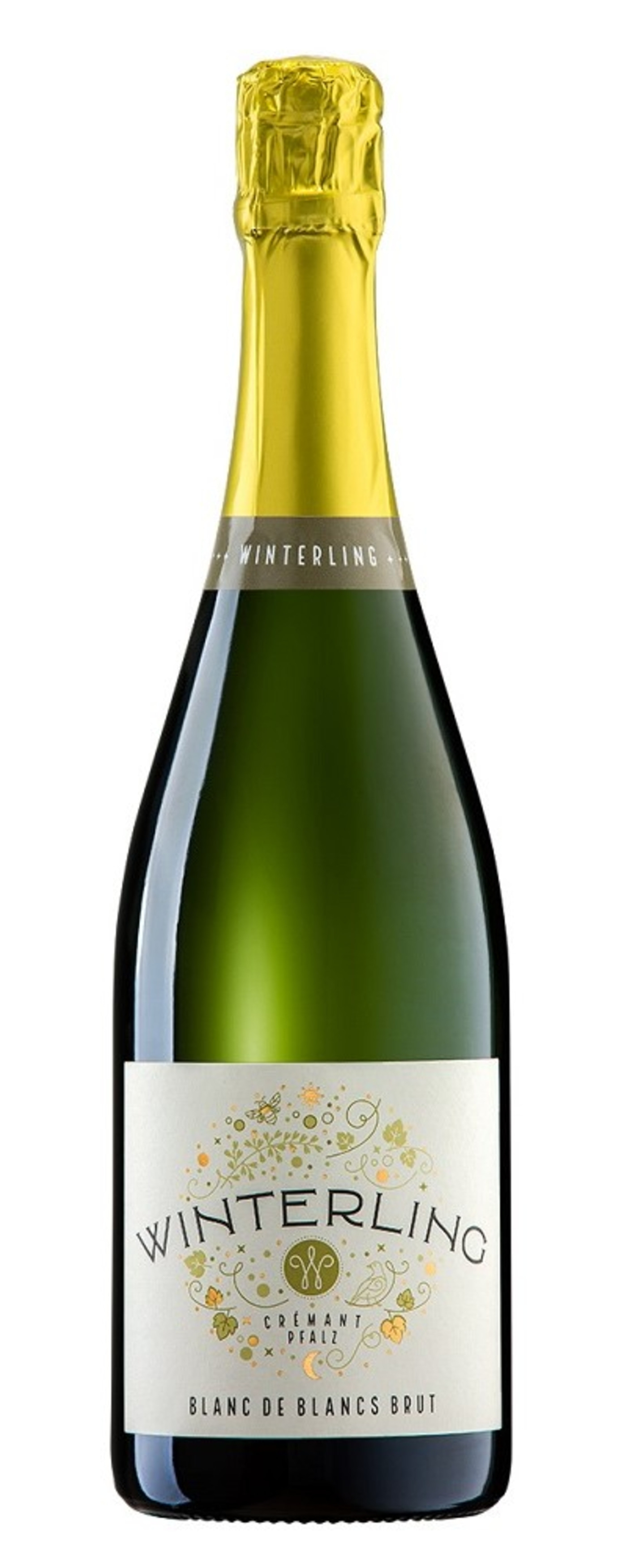 Winterling Blanc de Blancs Brut Champagnerflasche, goldene Kapsel, Etikett