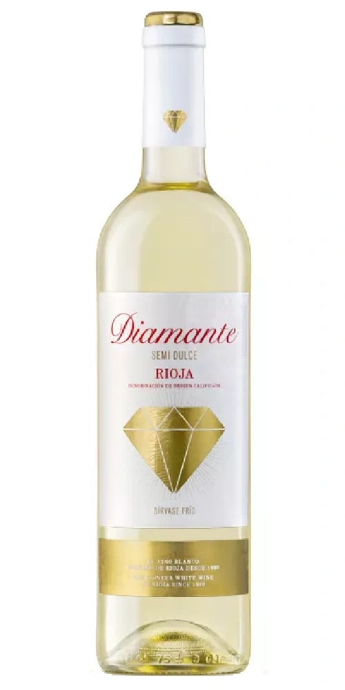 Eine Flasche Diamante Semi Dulce Rioja Weißwein. Mit einem goldenen Diamanten-Logo.