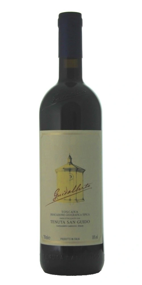 Eine Flasche Rotwein mit dem Etikett "Guidalberto" von "Tenuta San Guido"
