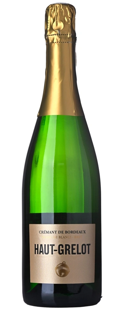 Grüne Sektflasche mit goldener Kappe und Etikett mit dem Namen Haut-Grelot.