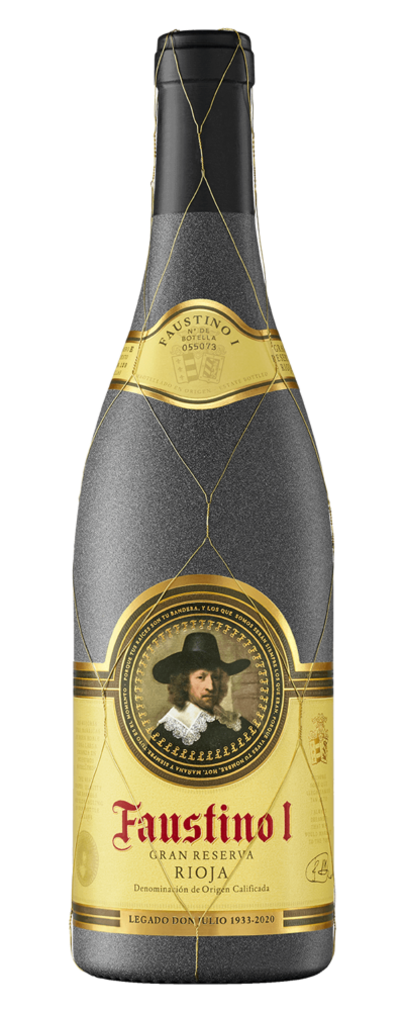 Wein-Flasche Faustino I Gran Reserva Rioja, goldene Details, schwarzer Hintergrund, Etikett mit Mann