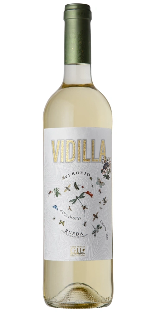 Flasche weißer Wein mit Schmetterlingen und Libellen auf dem Etikett