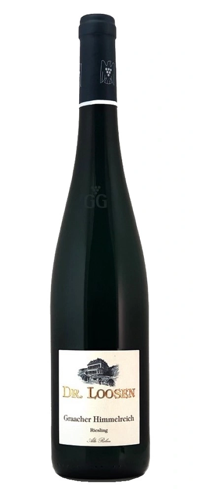 Weinflasche von Dr. Loosen, Graacher Himmelreich Riesling, dunkle Flasche, weißes Etikett