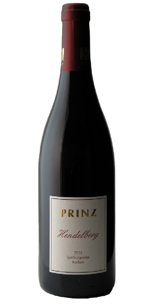 Eine Flasche Wein von Prinz, mit dem Etikett Hendelberg Spätburgunder trocken