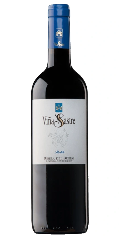 Weinflasche mit blauem Etikett, darauf Viña Sastre Ribera del Duero