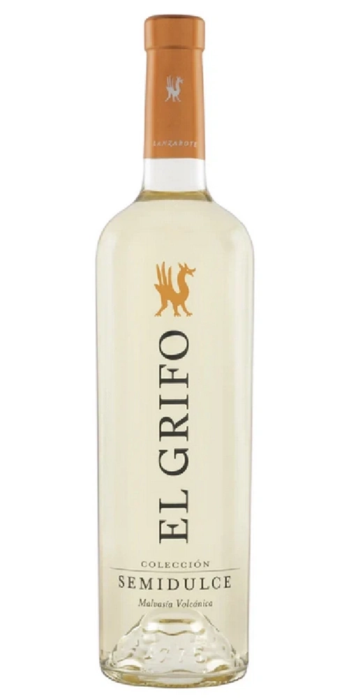Eine Flasche El Grifo Wein mit einem Hahn und dem Schriftzug Lanzarote.