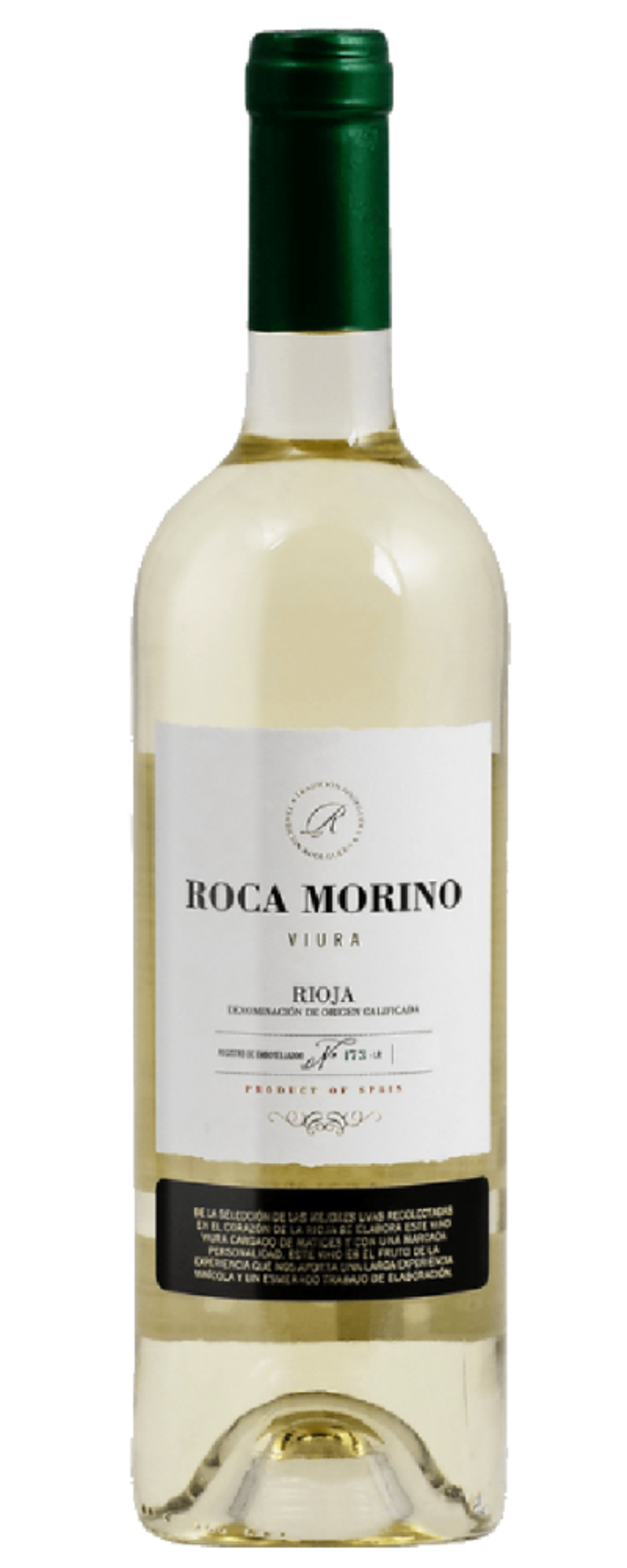 Weißwein Roca Morino Viura Rioja, Produkt aus Spanien, Flasche mit grünem Verschluss, Etikett.