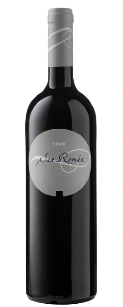 Wein San Román Toro, dunkle Flasche, graues Etikett, elegante Optik, edel