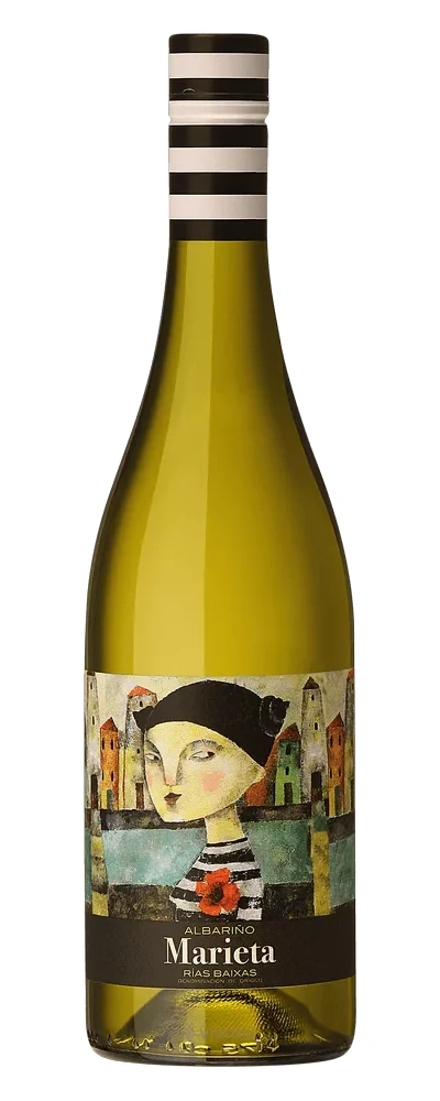 Flasche Weißwein mit künstlerischem Etikett einer Frau vor Häusern
