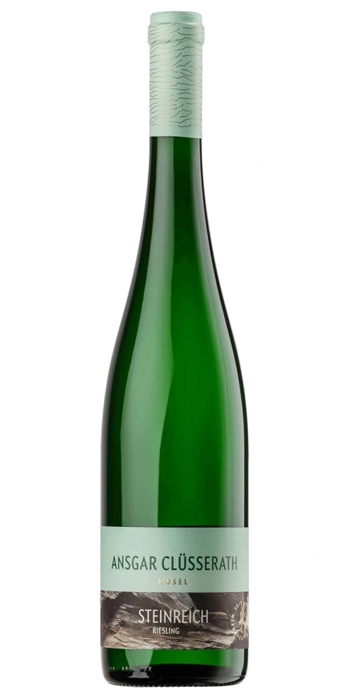 Grüne Weinflasche von Ansgar Clüsserath mit Etikett Steinreich Riesling Mosel
