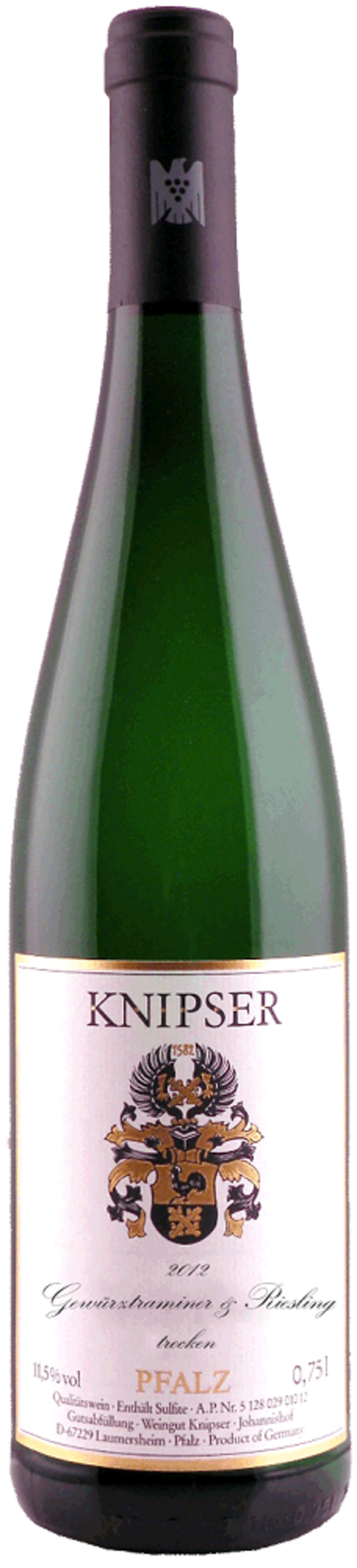 Weinflasche mit Etikett, KNIPSER, Gewürztraminer & Riesling, 2012, Pfalz, 0,75l, 11,5% vol, trocken.