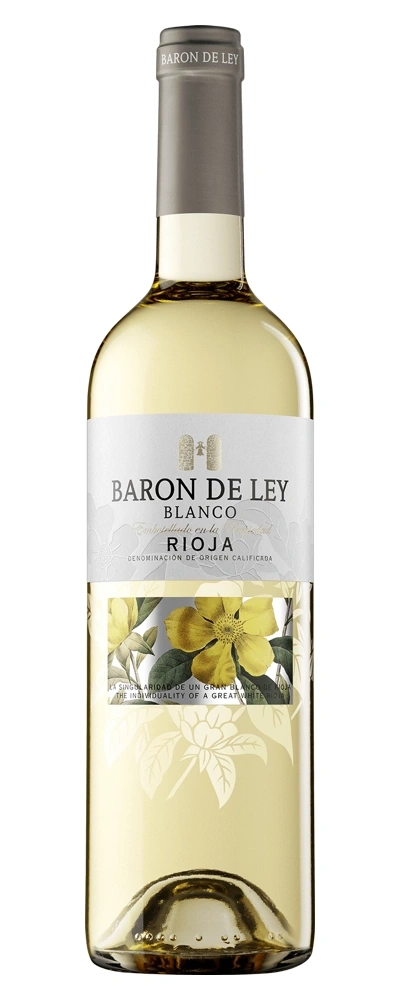 Weinflasche Baron de Ley Blanco Rioja, gelb, mit Blumen, Text, Wein, Flasche, Etikett