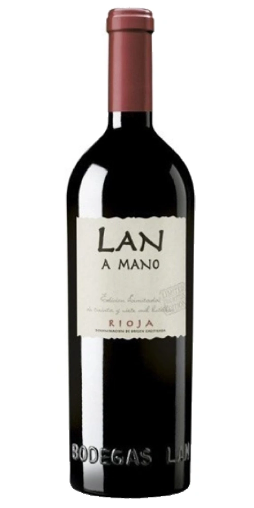 Eine Flasche LAN A MANO Rotwein aus Rioja mit Etikett