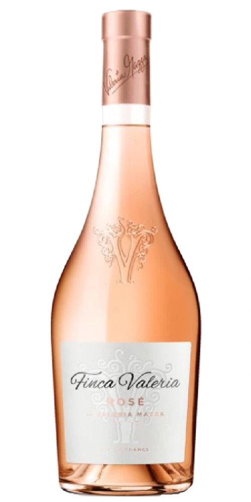 Eine Flasche Roséwein von Finca Valeria, verziert mit einem Baum-Symbol.