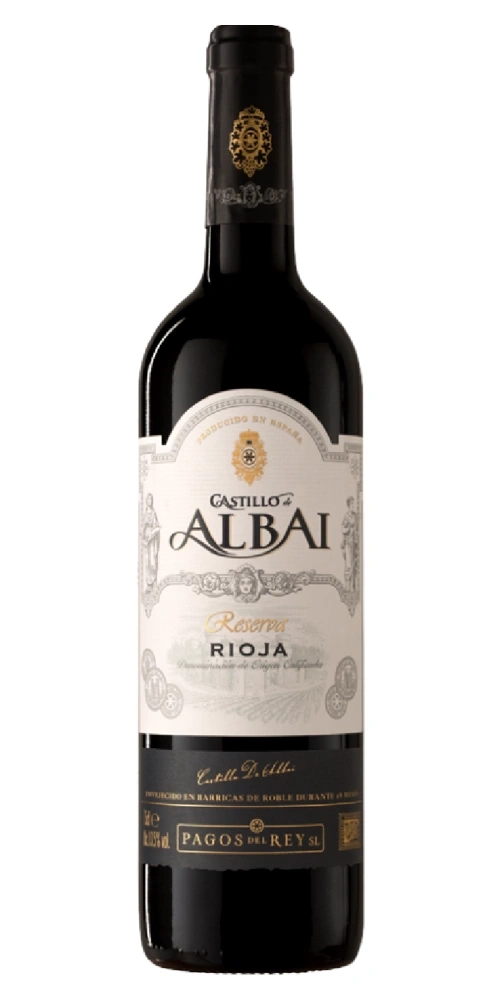 Schwarze Weinflasche mit dem Etikett Castillo de Alabai Reserva Rioja