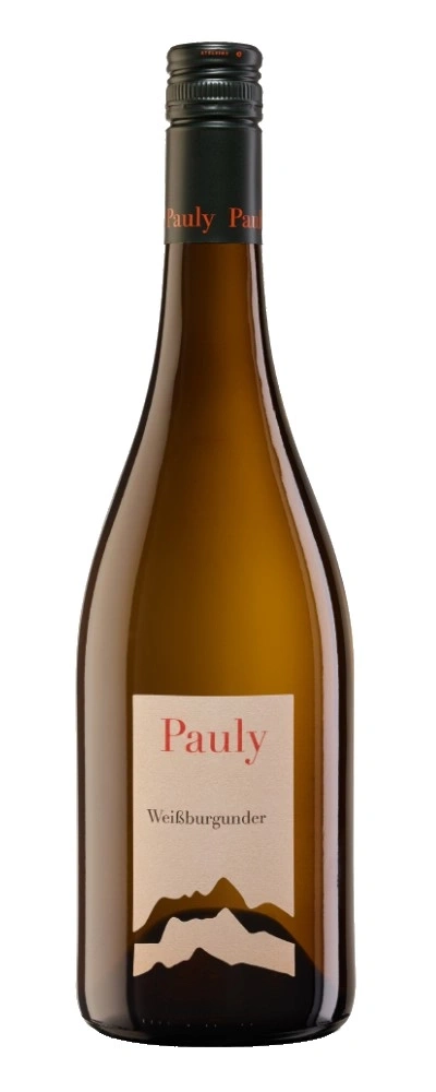 Weinflasche mit Etikett "Pauly Weißburgunder" vor weißem Hintergrund