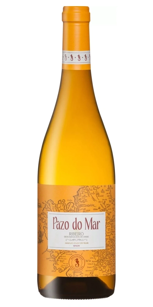 Eine Flasche Pazo do Mar Wein mit Etikett und schmalem Streifen.