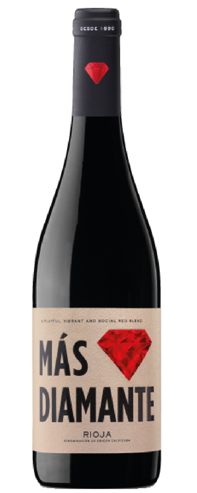 Eine Flasche Rotwein mit rotem Diamantenlogo und der Aufschrift Más Diamante Rioja.