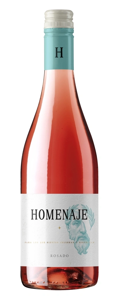 Eine Flasche Roséwein mit dem Etikett HOMENAJE und einer Büste eines Mannes.