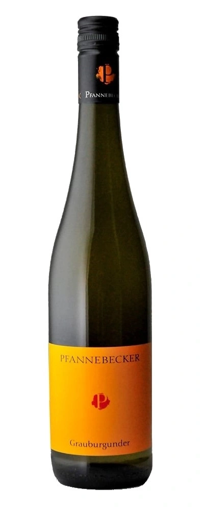 Weinflasche mit gelbem Etikett und Aufschrift 'Grauburgunder' von 'Pfannebocker'.