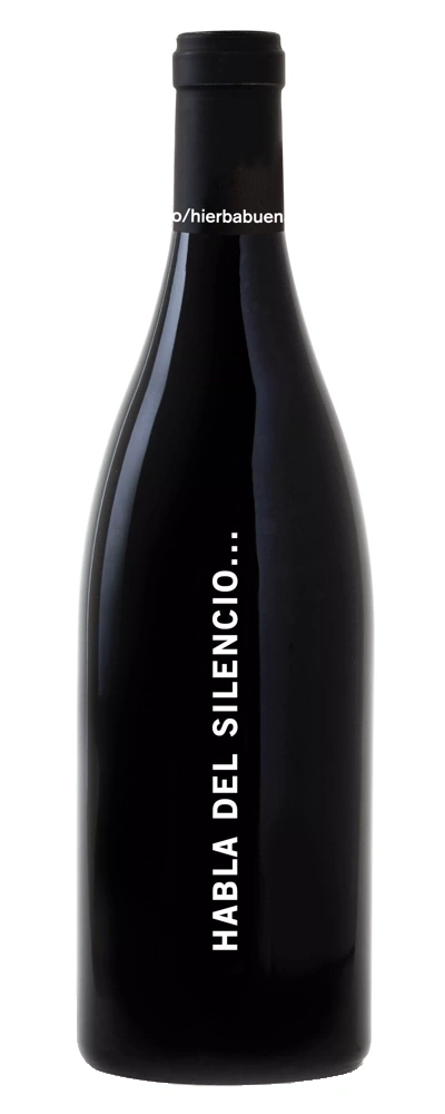 Eine schwarze Weinflasche mit weißer Schrift: "HABLA DEL SILENCIO..." und "o/hierbabuen".