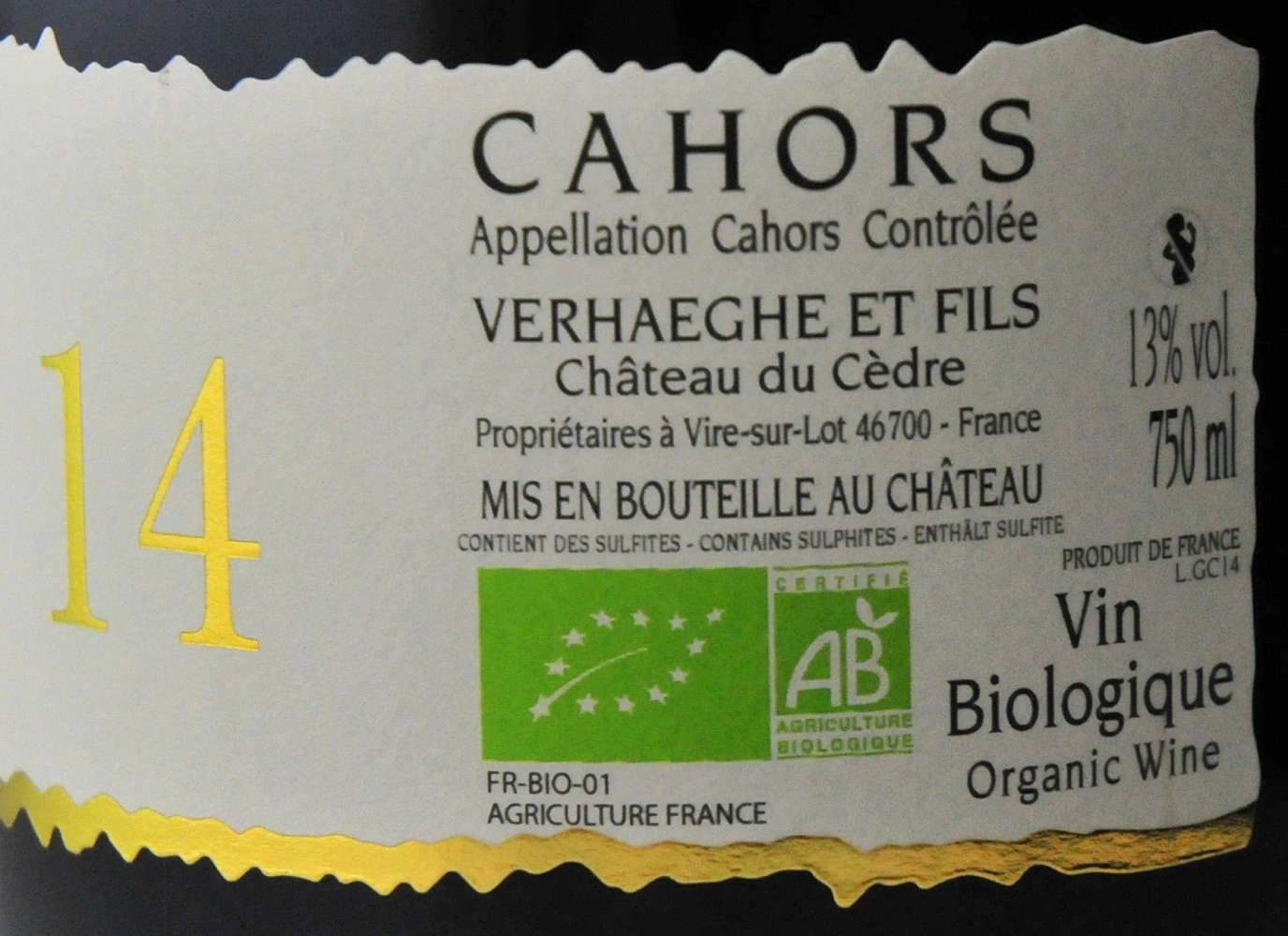 Wein-Etikett mit Aufschrift 'CAHORS', 'Biologique', 'Organic Wine', 13% vol., 750 ml, 'FR-BIO-01'