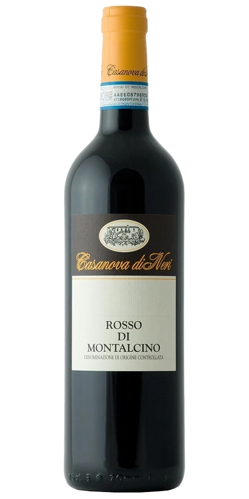 Eine Flasche Rotwein von Casanova di Neri mit gelbem Verschluss.