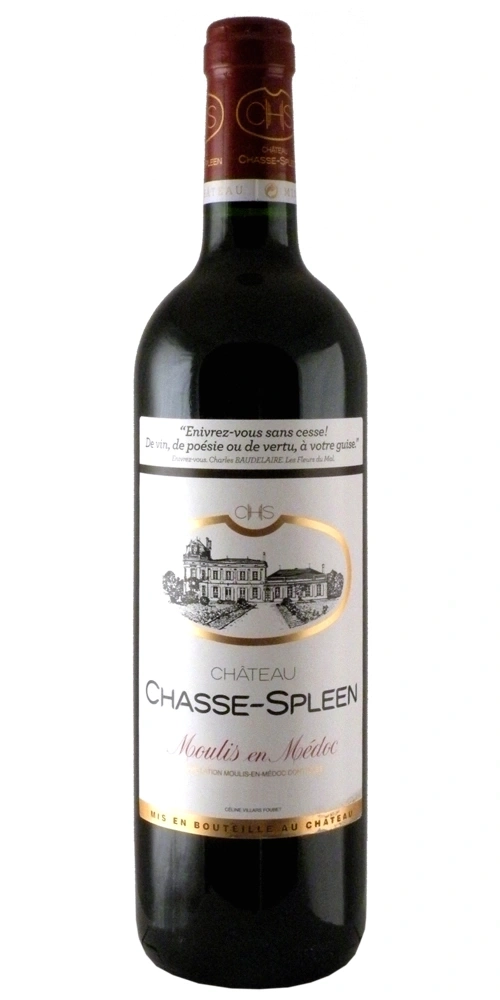 Eine Flasche Chateau Chasse-Spleen Moulis en Médoc Wein mit Château-Abbildung und goldener Schrift.