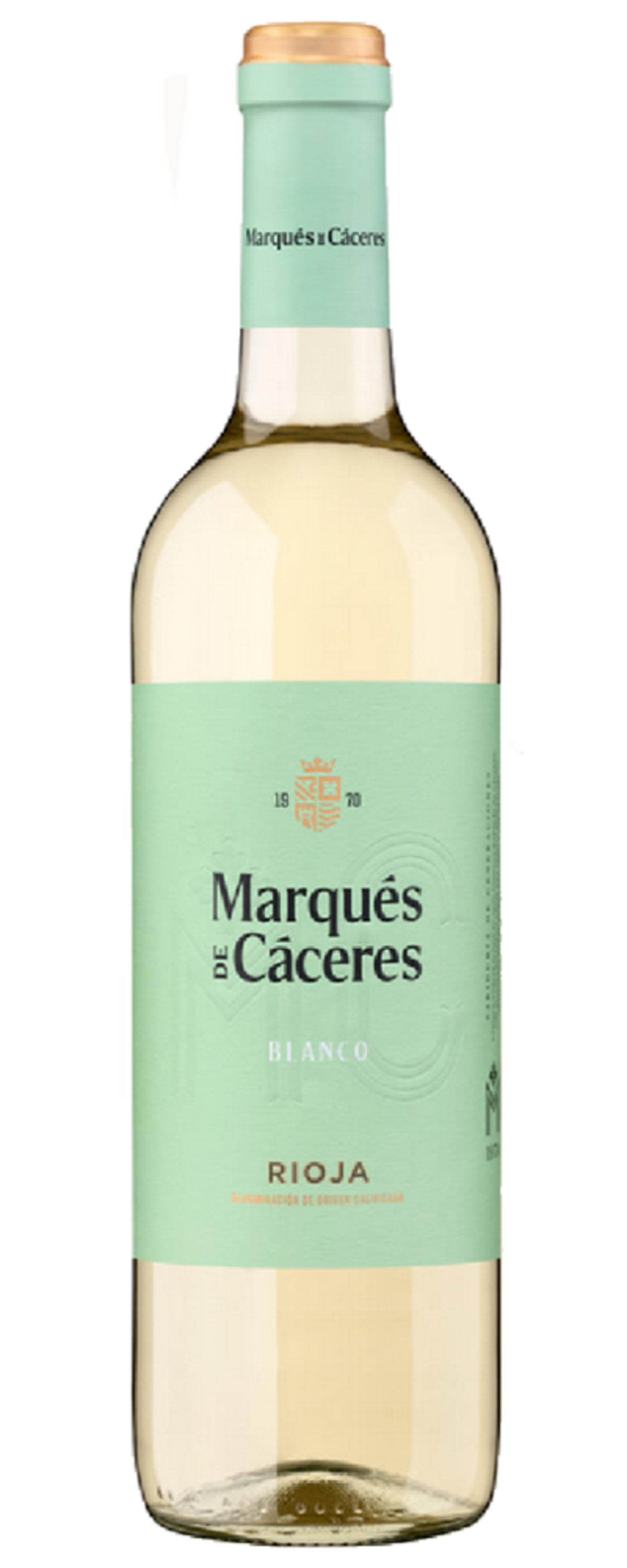 Weinflasche Marqués de Cáceres Blanco Rioja, hellgrünes Etikett, goldene Kapsel