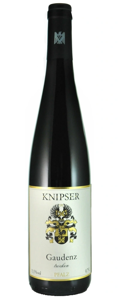 Weinflasche mit Etikett, Aufschrift Knipser, Gaudenz, trocken, Pfalz, 13,5% vol.