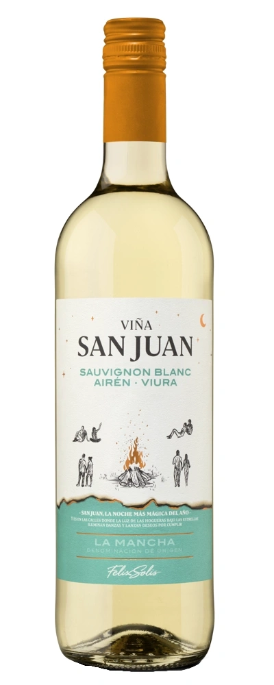 Eine Flasche Weißwein mit dem Etikett Viña San Juan Sauvignon Blanc Airén Viura.