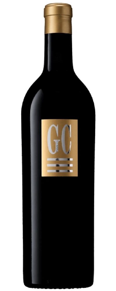 Schwarze Weinflasche mit goldenem Verschluss und goldenem Etikett mit der Aufschrift GC.